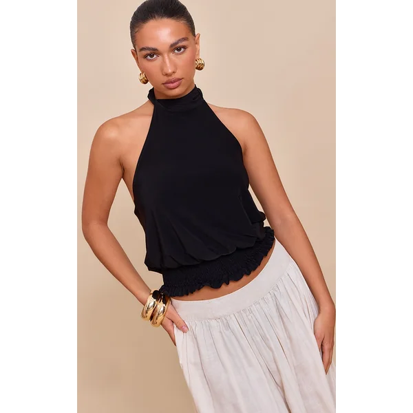 Black Double Layer Slinky Shirred Hem Halterneck Top
