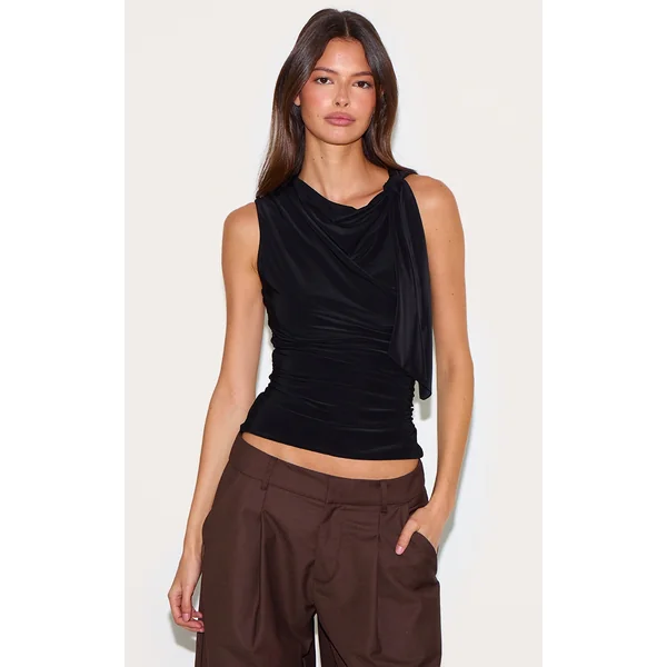 Black Double Layer Slinky Shoulder Tie Detail Top