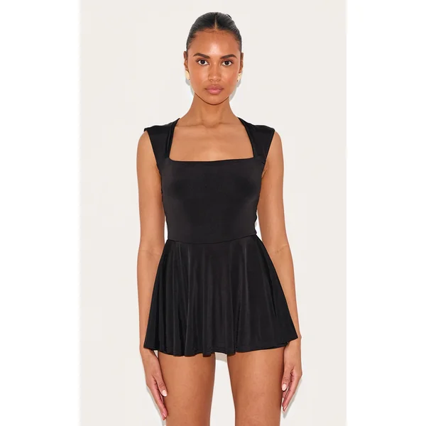 Black Double Layer Slinky Square Cap Sleeve Skort Romper