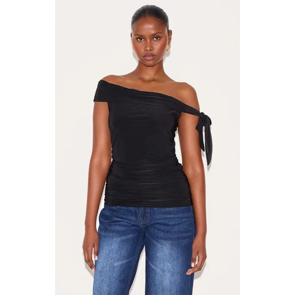 Black Double Layer Slinky Tie Shoulder Bardot Long Top