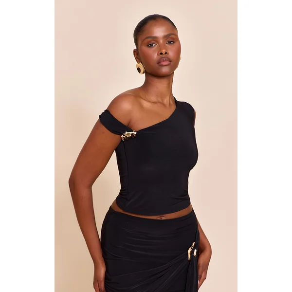 Black Double Layer Slinky Trim Detail Asymmetric Top