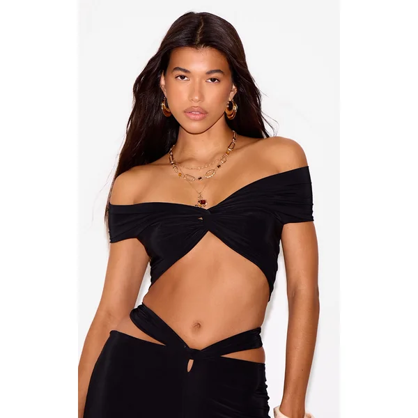 Black Double Layer Slinky Twist Crop Top