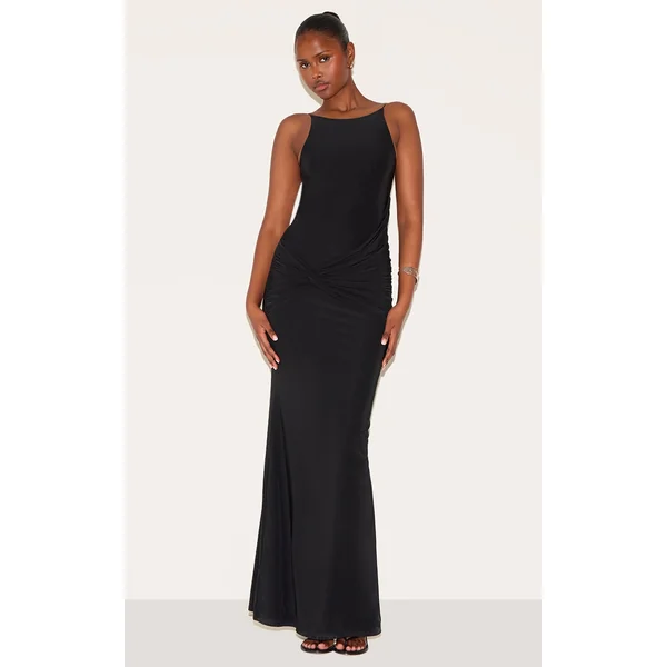 Black Double Layer Slinky Twisted Front Halter Neck Maxi Dress