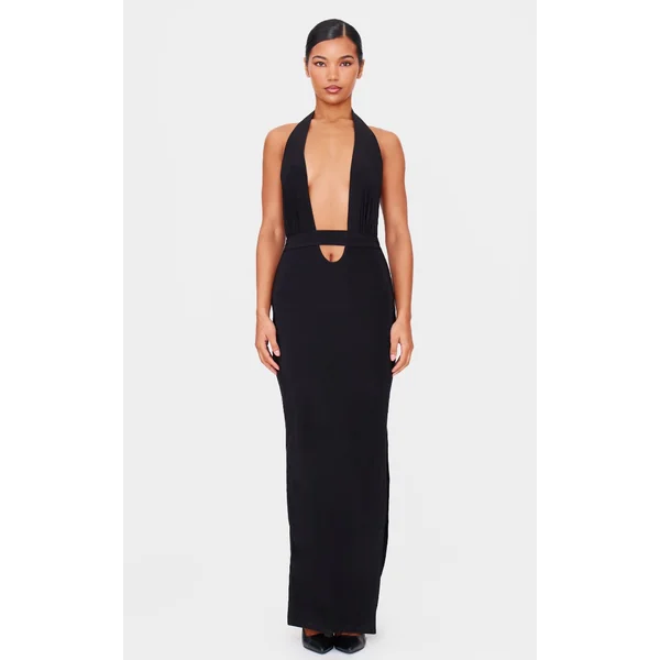 Black Double Layer Slinky Wrap Waist Maxi Dress