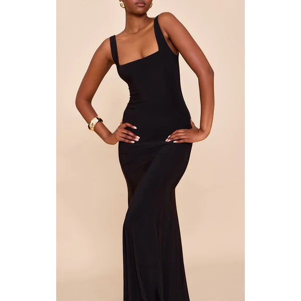 Black Double Layer Soft Touch Scoop Neck Maxi Dress