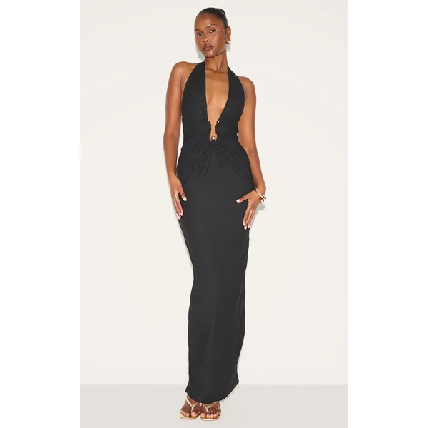 Black Double Layer Soft Touch Trim Detail Maxi Dress