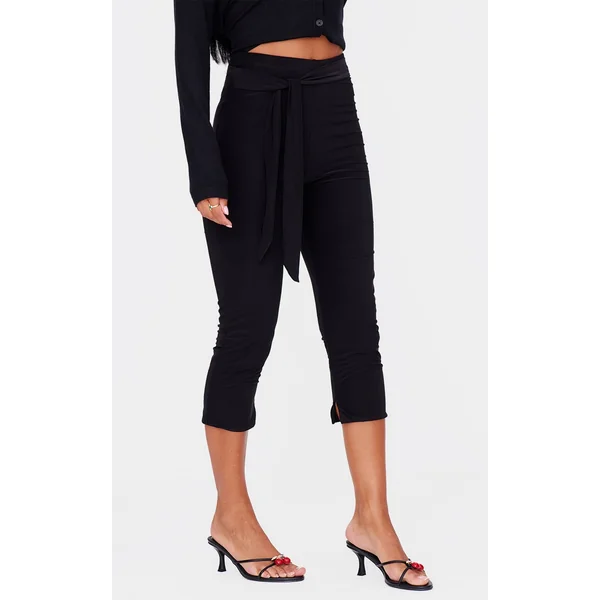 Black Double Layer Wrap Waist Capri Leggings