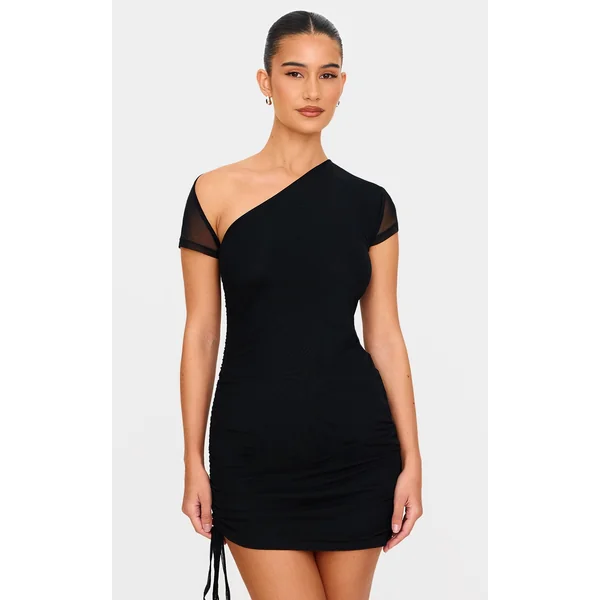 Black Double Layered Mesh Ruched Mini Dress