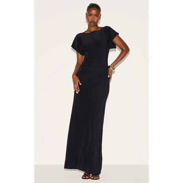 Black Double Layered Slinky Ruched Short Sleeve Maxi Dress