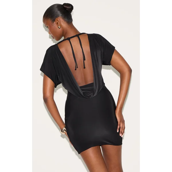 Black Double Layered Slinky Ruched Short Sleeve Mini Dress