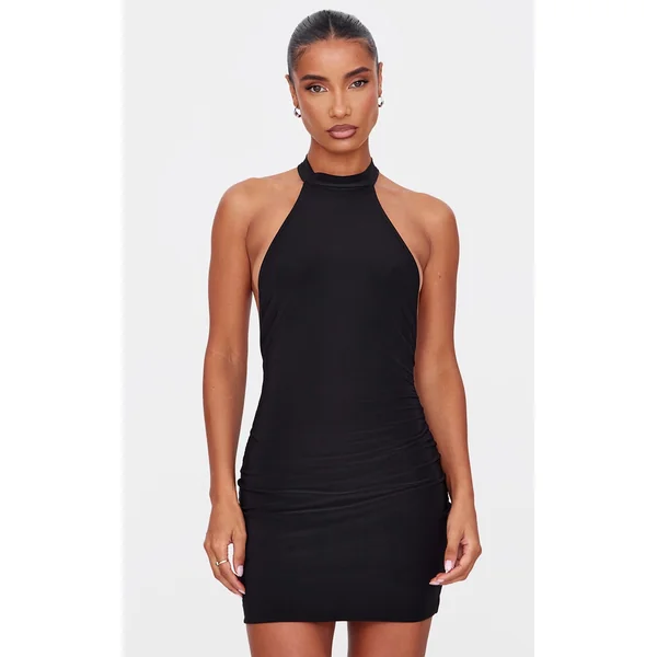 Black Double Slinky High Neck Halterneck Mini Dress