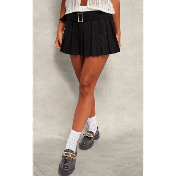 Black Double Waistband Belted Skater Skirt