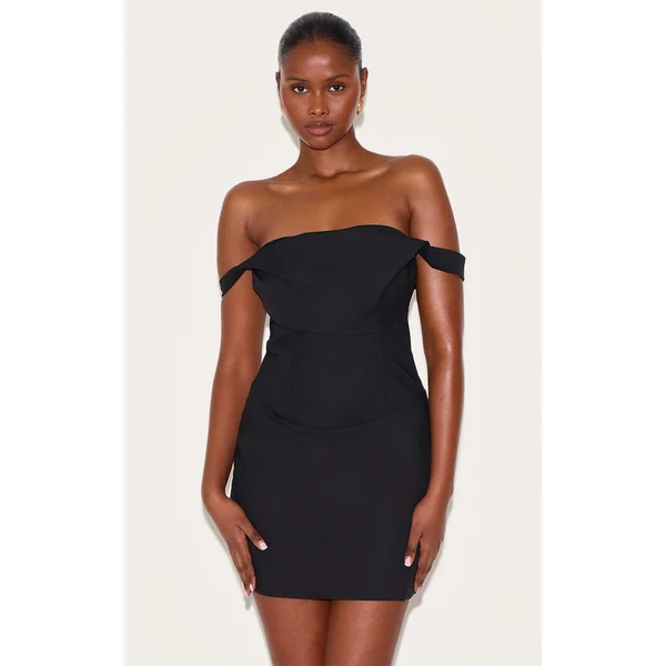 Black Draped Bardot Corset Bodycon Dress