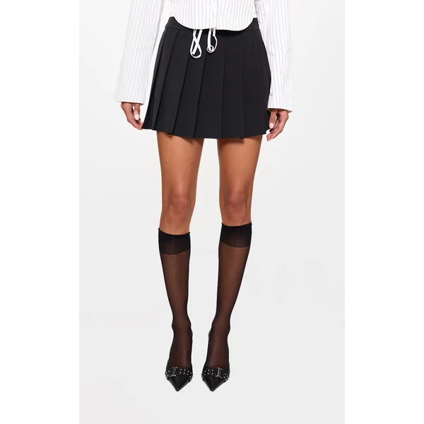 Black Drawstring Double Waistband Tailored Pleated Mini Skirt