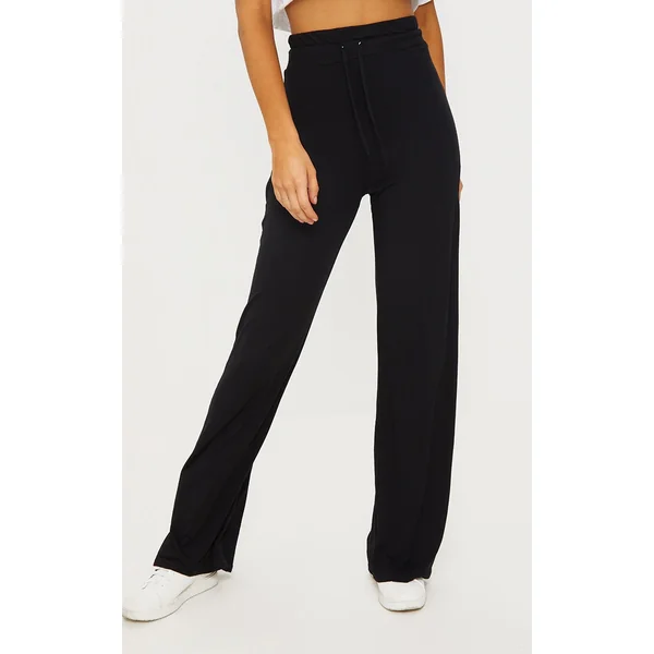 Black Drawstring Jersey Wide Leg Pants
