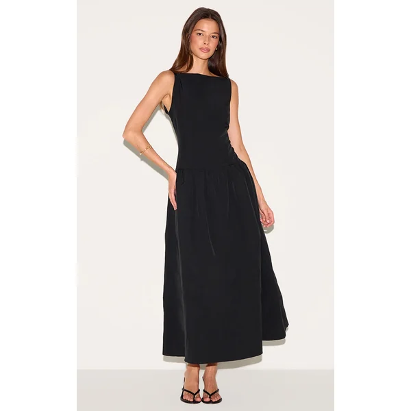 Black Dropped Waist Midaxi Dress