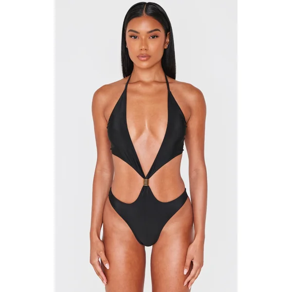 Black Extreme Cut Out Gold Trim Halter Tie Swimsuit
