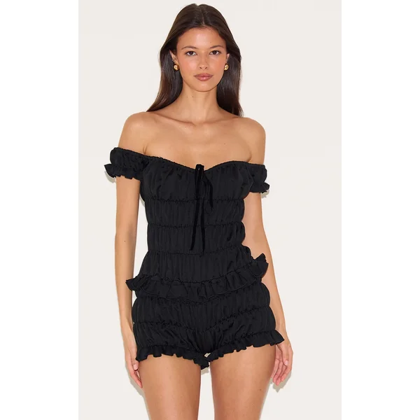 Black Extreme Ruched Bardot Romper