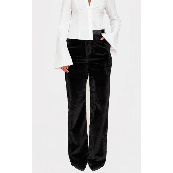 Black Faux Fur Wet Look Contrast Fabric Straight Leg Pants