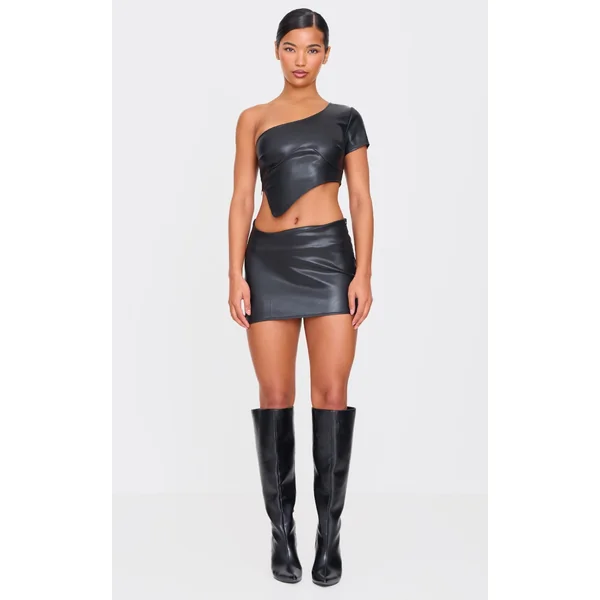 Black Faux Leather Asymmetric Hem Mini Skirt