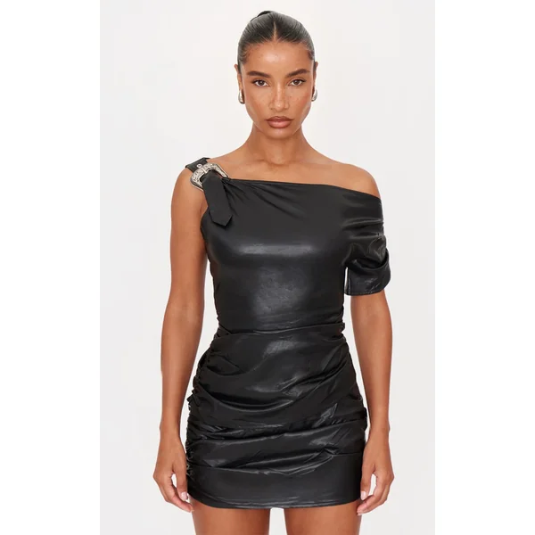 Black Faux Leather Buckle Detail Top