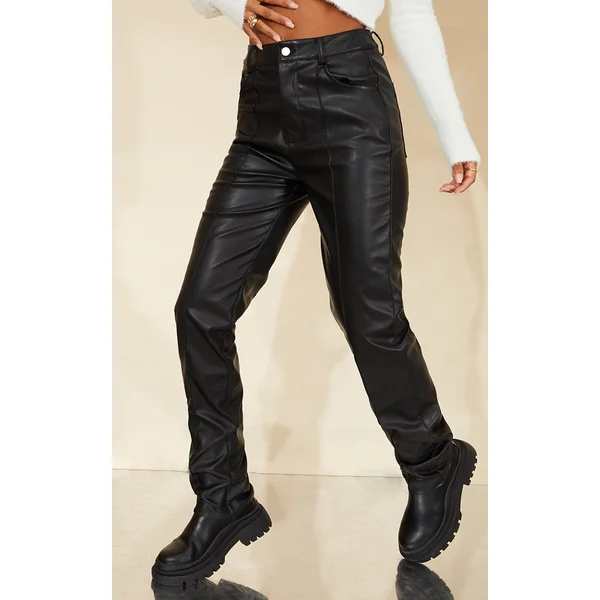 Black Faux Leather Button Straight Leg Pants