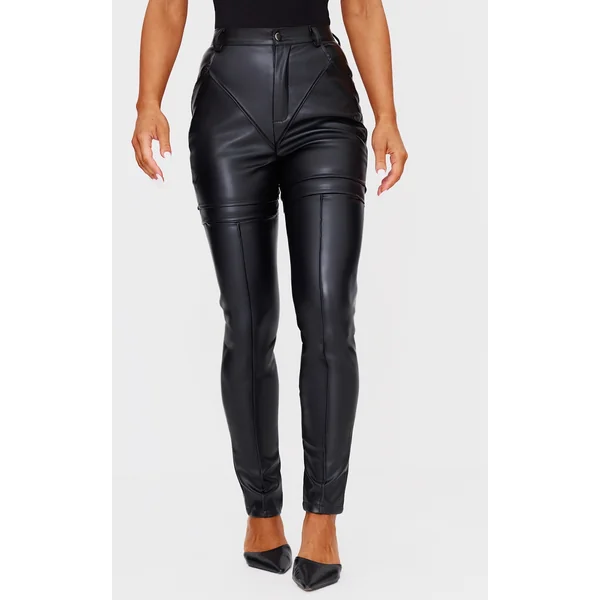 Black Faux Leather Contrast Panels Skinny Pants