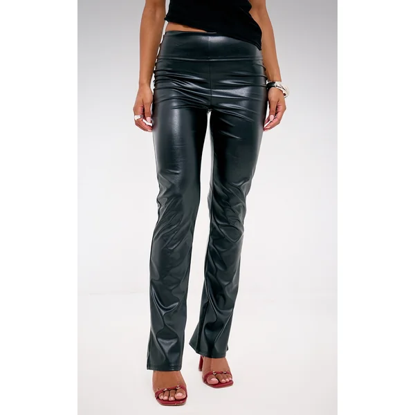 Black Faux Leather Fold Over Waist Straight Leg Pant