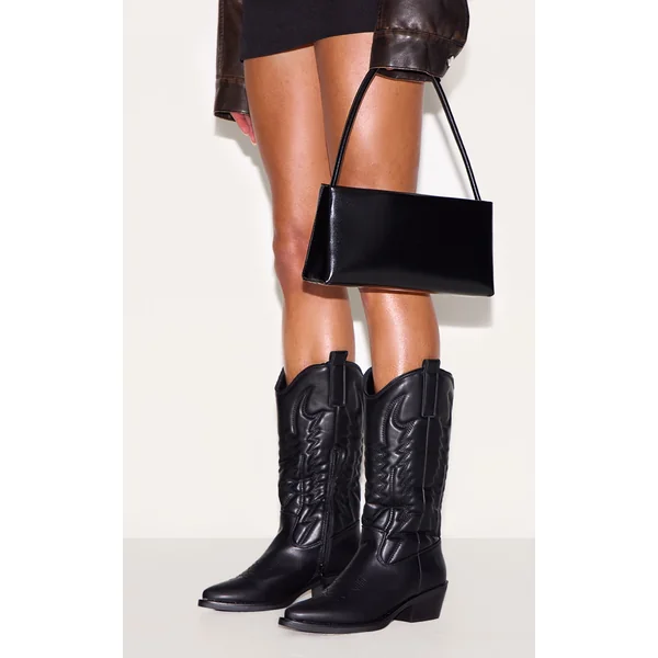 Black Faux Leather Knee High Western Boots