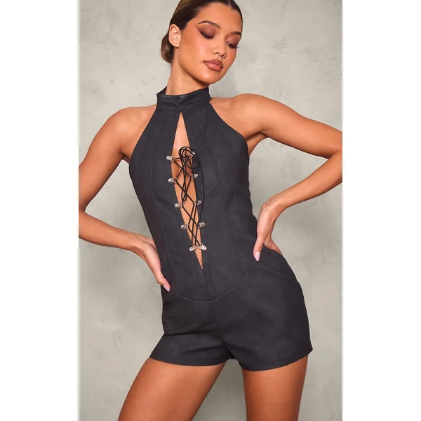 Black Faux Leather Lace Up Halterneck Romper