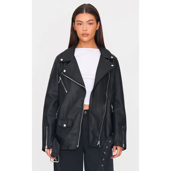 Black Faux Leather Longline Belted Biker Jacket