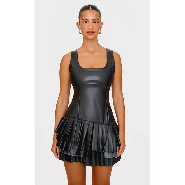 Black Faux Leather Pleated Asymmetric Mini Dress