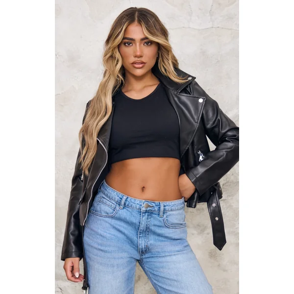 Black Faux Leather Regular Fit Belted Biker Jacket
