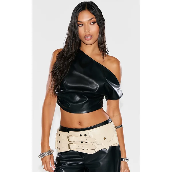 Black Faux Leather Ruched One Shoulder Asymmetric Crop Top