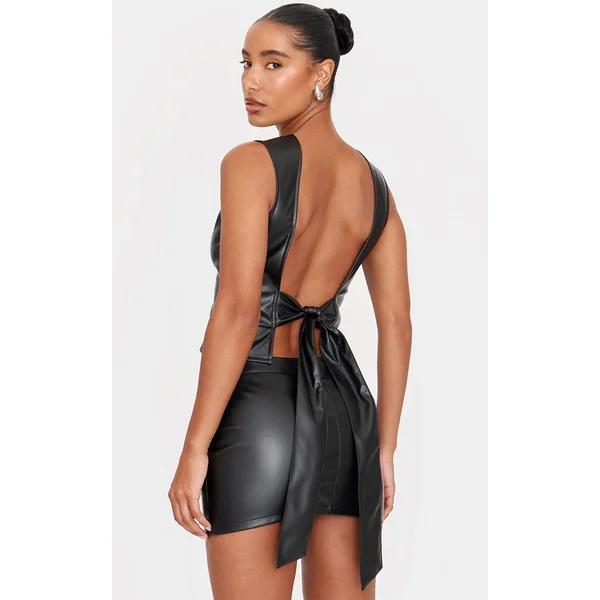 Black Faux Leather Seam Detail Open Back Long Top