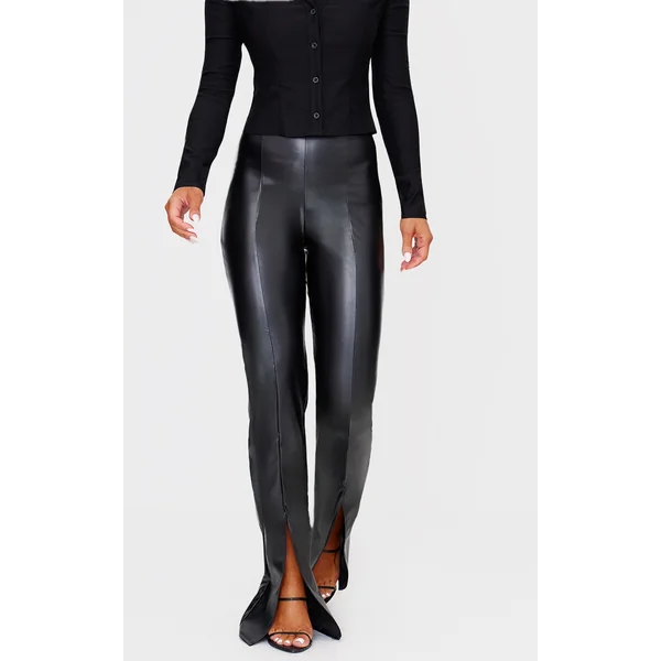 Black Faux Leather Seam Detail Split Hem Pants