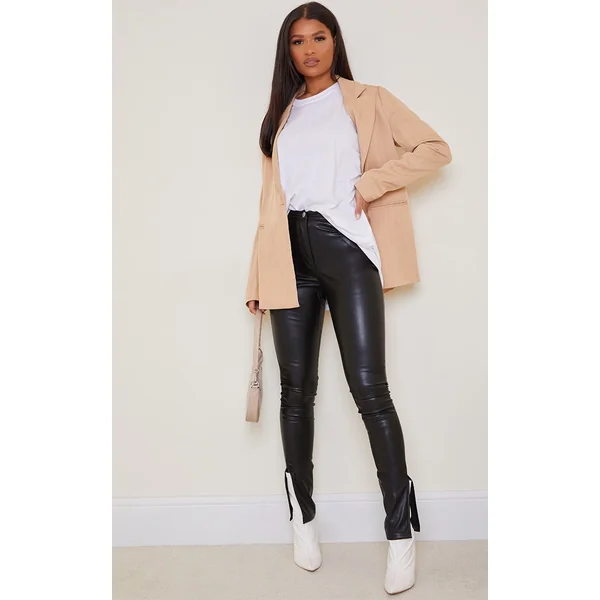 Black Faux Leather Split Hem Straight Leg Pants