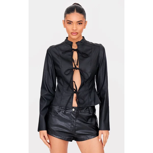 Black Faux Leather Tie Front Fitted Blouse