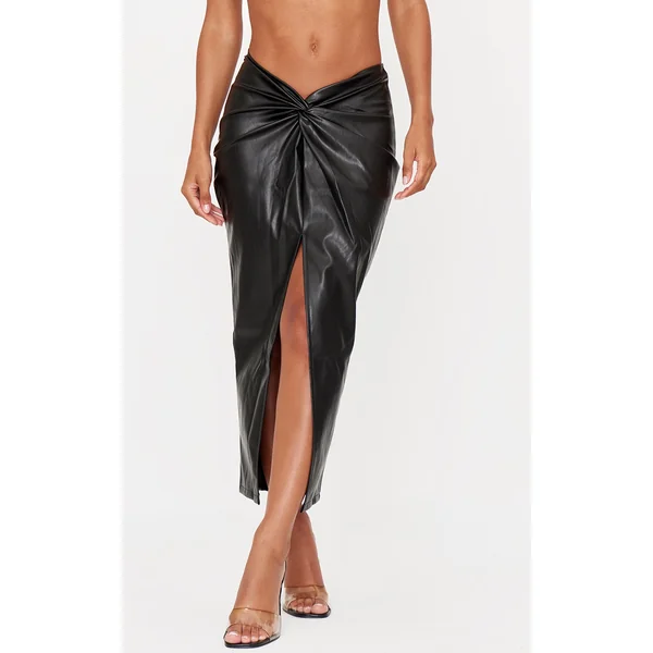 Black Faux Leather Twist Detail Front Midi Skirt