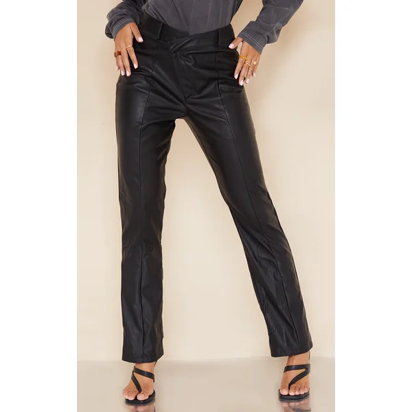 Black Faux Leather V Front Straight Leg Pants