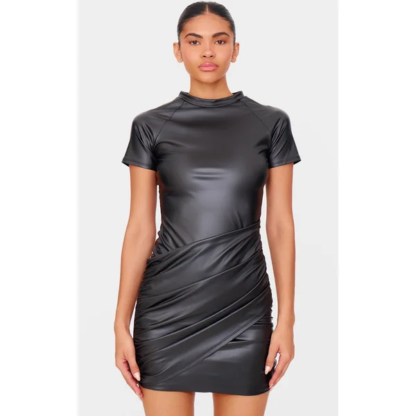 Black Faux Leather Wrap Over Skirt Mini Dress