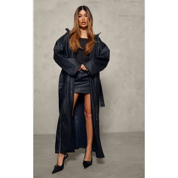 Black Faux Leather Zip Detail Maxi Trench Coat