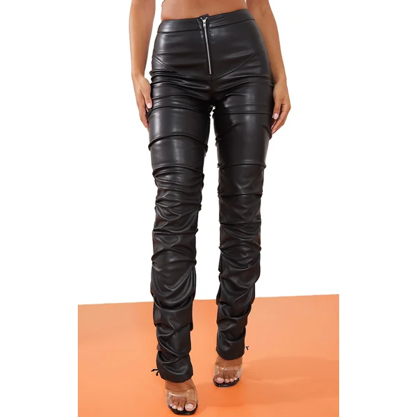 Black Faux Leather Zip Front Ruched Detail Skinny Pants
