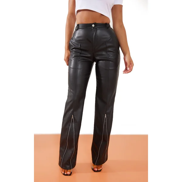 Black Faux Leather Zip Seam Detail Straight Leg Pants