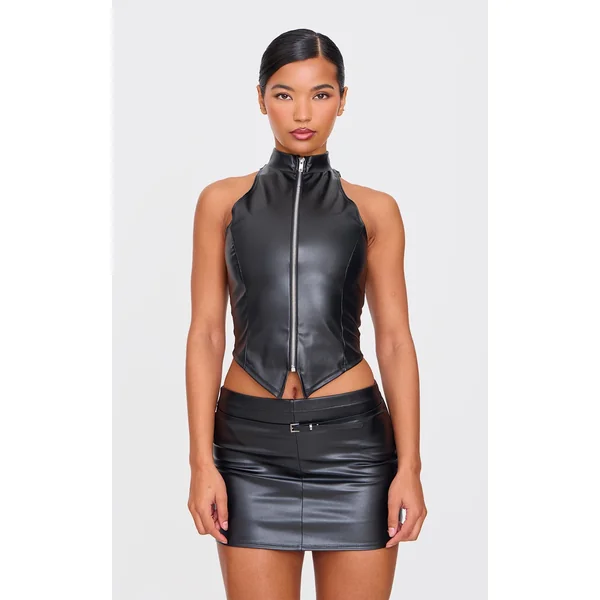 Black Faux Leather Zip Up High Neck Top