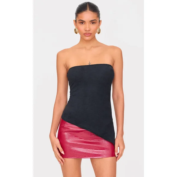 Black Faux Suede Asymmetric Hem Bandeau Top