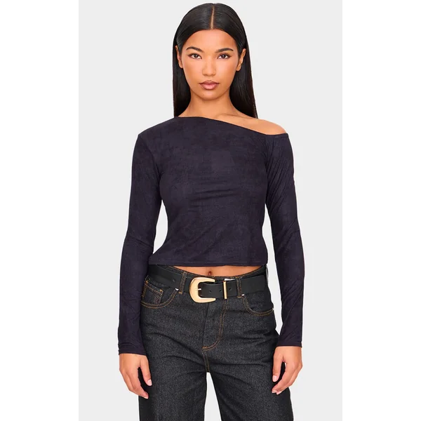 Black Faux Suede Asymmetric Neck Long Sleeve Top