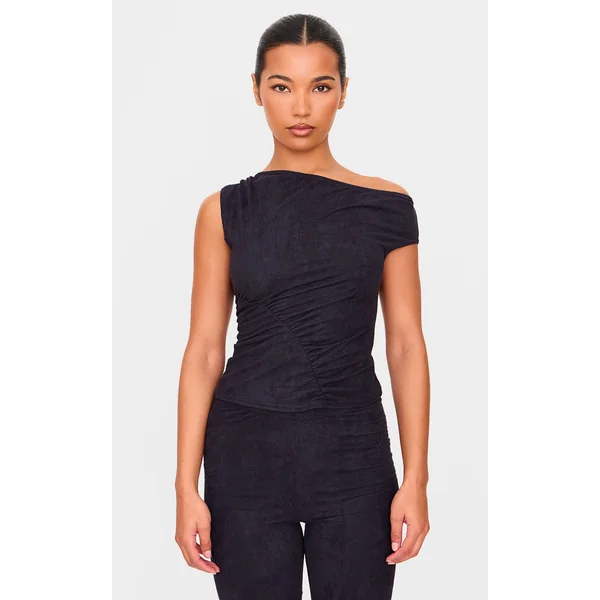 Black Faux Suede Asymmetric Ruched Top
