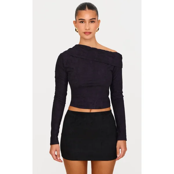 Black Faux Suede Asymmetric Shoulder Long Sleeve Top