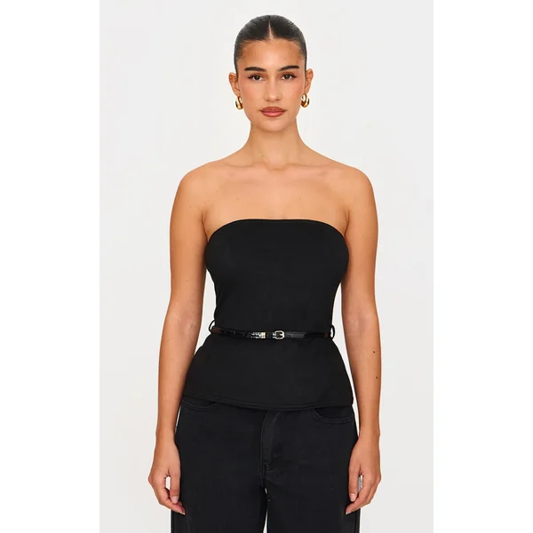 Black Faux Suede Bandeau Belt Detail Long Top